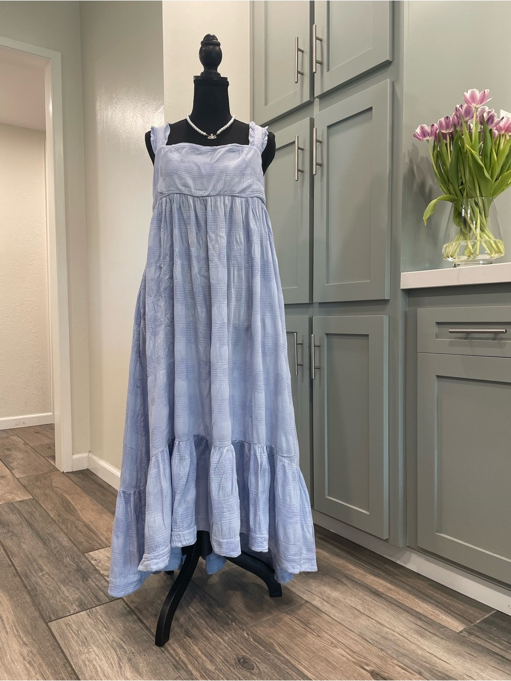 Light Blue Tiered Maxi Dress with Ruffle Hem - Women